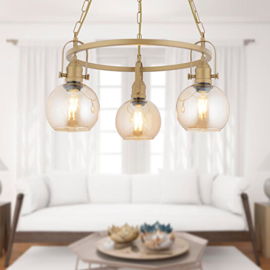 Apliqa Cherish 3'lü Yuvarlak Eskitme Bal Camlı Modern Oturma Odası Salon Avize