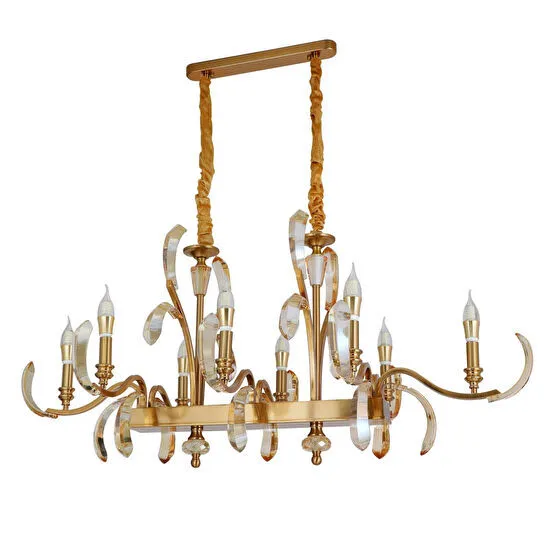 Apliqa Ronja 8'li Yemek Masası Üstü Sıralı Bakır Eskitme Kristal Taşlı Avangart Salon Avize