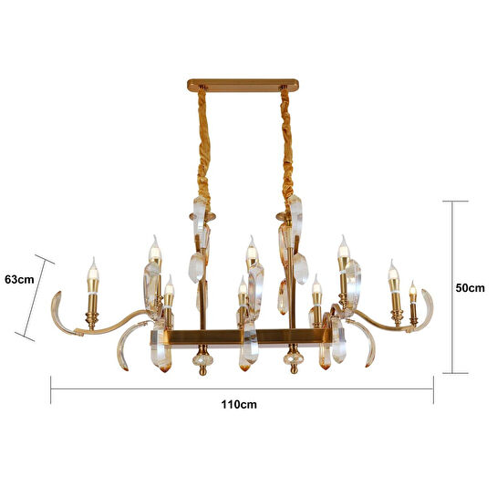 Apliqa Ronja 8'li Yemek Masası Üstü Sıralı Bakır Eskitme Kristal Taşlı Avangart Salon Avize