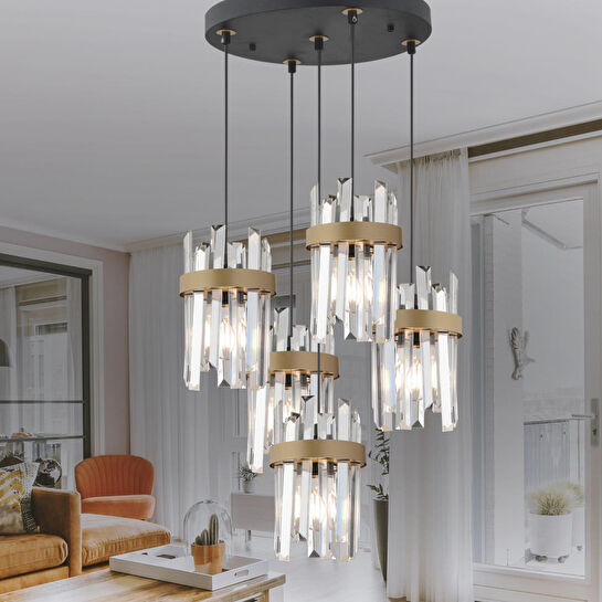 Apliqa Apatit 5'li Yuvarlak Siyah Eskitme Kristal Taşlı Modern Koridor Yatak Odası Salon Kristalli Avize