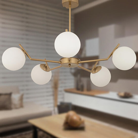 Apliqa Sara 5li Eskitme Boyalı Beyaz Camlı Modern Genç Odası Yemek Masası Üstü Salon Avize