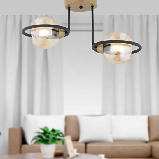 Apliqa Becca 2'li Siyah Eskitme Bal Camlı Top Avize Modern Oturma Odası Salon Avize