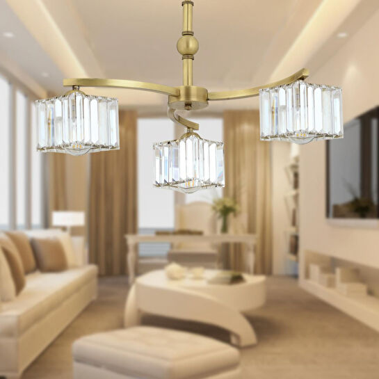 Apliqa Rima 3 Kollu Eskitme Kristalli Taşlı Modern Tasarım Salon-yatak Odası Kristal Salon Avize