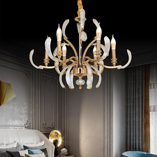 Apliqa Ronja 6'lı Bakır Eskitme Kristal Taşlı Avangart Salon Avize