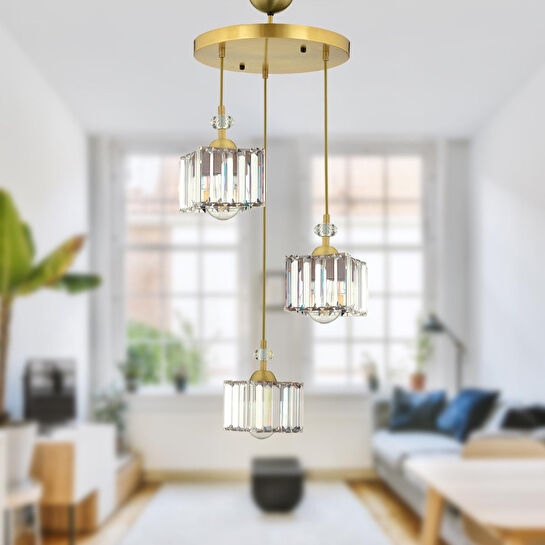 Apliqa Brandy Eskitme 3 Lü Yuvarlak Sakıt Kristalli Taşlı Modern Tasarım Kristal Salon Avize