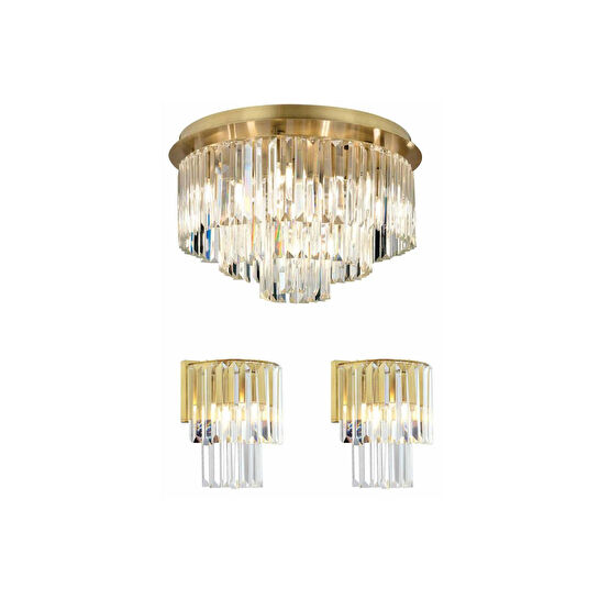 Apliqa Nilüfer Yuvarlak Eskitme 3 Parça Kristalli Taşlı Modern Tasarım Kristal Salon Avize-aplik Seti