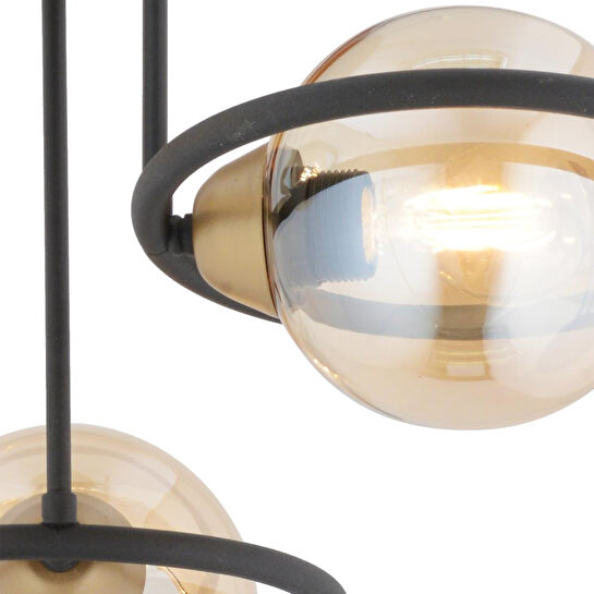 Apliqa Becca 3'lü Siyah Eskitme Bal Camlı Top Avize Modern Oturma Odası Salon Avize