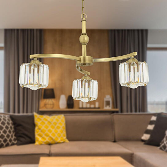 Apliqa Amir 3 Kollu Eskitme Kristalli Taşlı Modern Tasarım Kristal Salon Avize