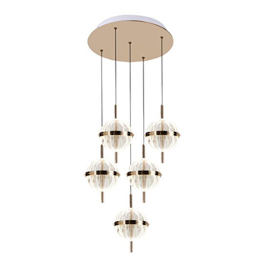 Apliqa Loret 5'li Yuvarlak 60 Watt Gold Krisatlli Modern Salon Oturma Odası Sarkıt Led Avize
