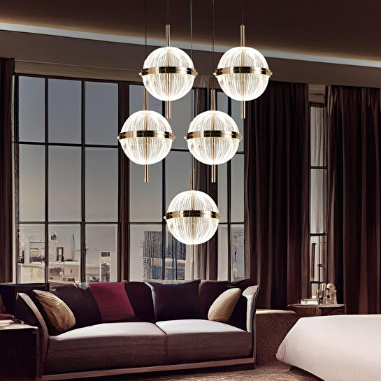 Apliqa Loret 5'li Yuvarlak 60 Watt Gold Krisatlli Modern Salon Oturma Odası Sarkıt Led Avize