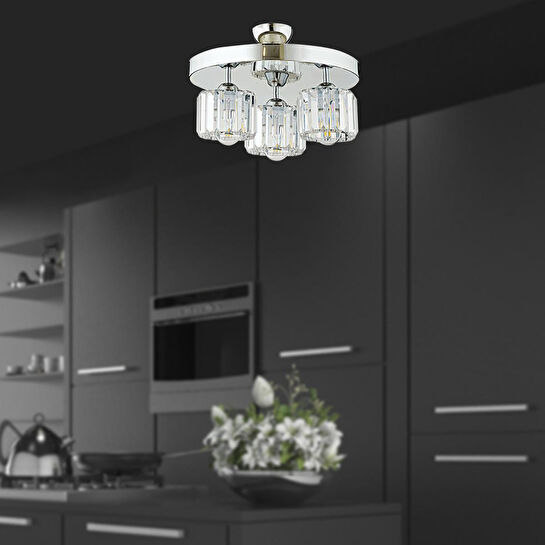 Apliqa Sabrina 3 Lü Yuvarlak Krom Kaplama Plafonyer Kristalli Taşlı Modern Tasarım Kristal Salon Avize