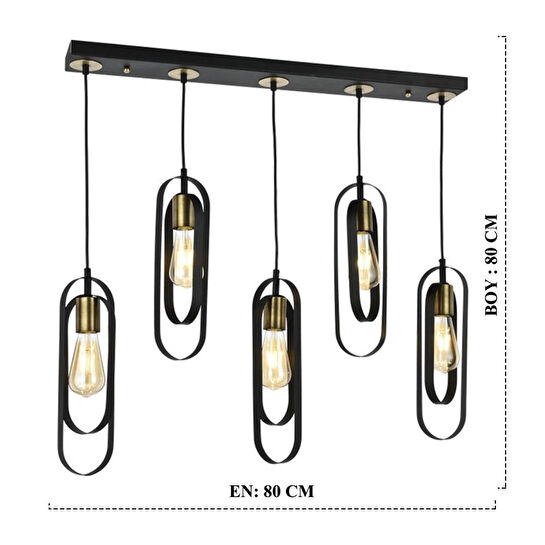 Apliqa Koza 5li Sıralı Siyah Modern Genç Odası Mutfak Retro Salon Sarkıt Avize