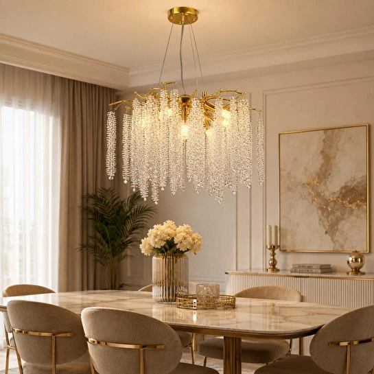 Apliqa Dina Serip Gold Kaplamalı Modern Tasarım Salon Kristal Sarkıt Avize