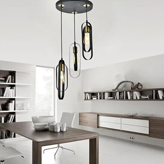 Apliqa Koza 3lü Yuvarlak Siyah Modern Genç Odası Mutfak Retro Salon Sarkıt Avize