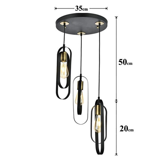 Apliqa Koza 3lü Yuvarlak Siyah Modern Genç Odası Mutfak Retro Salon Sarkıt Avize