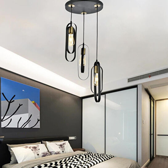 Apliqa Koza 3lü Yuvarlak Siyah Modern Genç Odası Mutfak Retro Salon Sarkıt Avize