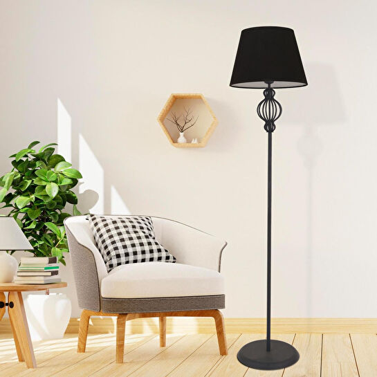 Apliqa Helezon Siyah Şapkalı Siyah Modern Tasarım Ayaklı Abajur Lamba Metal Lambader