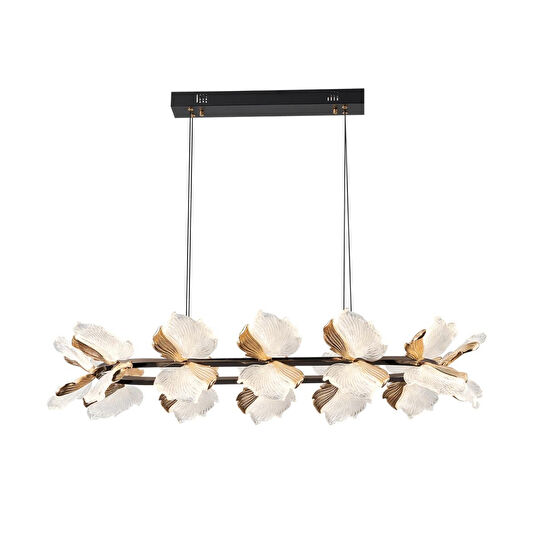 Apliqa Taran Sıralı Siyah Gold Çiçek Desenli 120 Watt Yemek Masası Üstü Modern Salon Led Avize