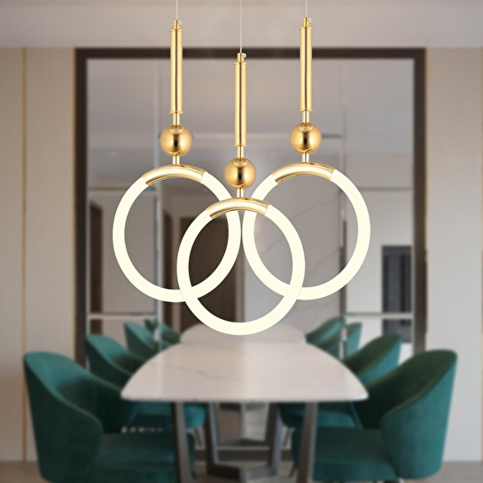 Apliqa Struer 3'lü Yuvarlak Gold Ledli 69 Watt Modern Koridor, Yatak Odası Salon Sarkıt Led Avize