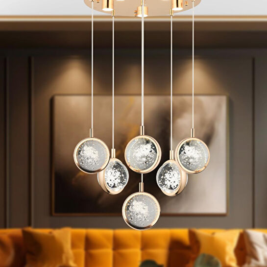Apliqa Eldon 6'lı Yuvarlak 3 Renk 88 Watt Gold Kristal Ledli Modern Oturma Odası Salon Sarkıt Avize