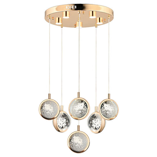 Apliqa Eldon 6'lı Yuvarlak 3 Renk 88 Watt Gold Kristal Ledli Modern Oturma Odası Salon Sarkıt Avize