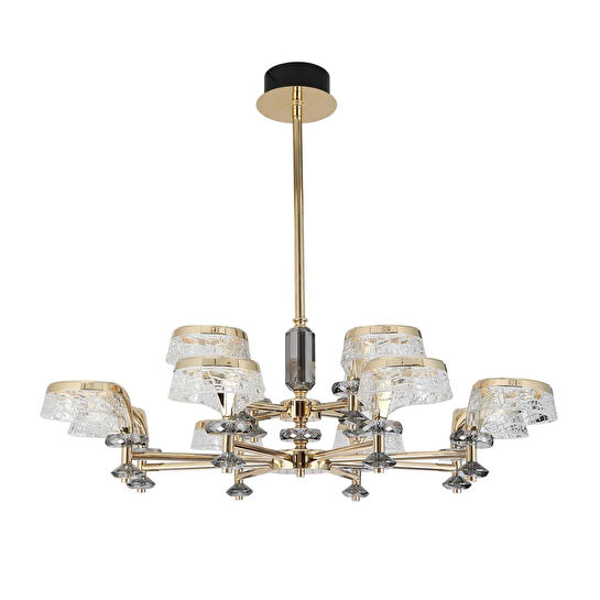 Apliqa Ekerd 12'li Gold 100 Watt Yuvarlak Kristalli Modern Sarkıt Salon Led Avize
