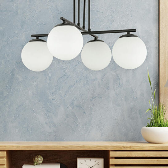 Apliqa Mali 4 Lü Siyah Avize Beyaz Camlı Modern Genç Odası Mutfak Yatak Odası Retro Salon Avize