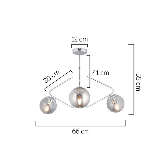 Apliqa Mildred 3'lü Krom Füme Camlı Modern Sarkıt Genç Odası Mutfak Yatak Odası Salon Sarkıt Avize