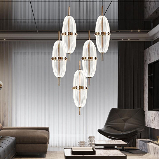 Apliqa Liona 5'li Yuvarlak 50 Watt Gold Krisatlli Modern Salon Oturma Odası Sarkıt Led Avize