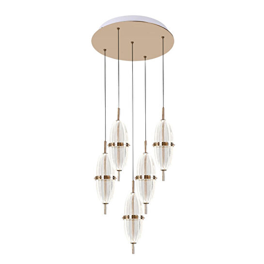 Apliqa Liona 5'li Yuvarlak 50 Watt Gold Krisatlli Modern Salon Oturma Odası Sarkıt Led Avize