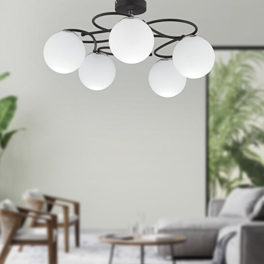 Apliqa Rodonit 5li Siyah Krom Beyaz Camlı Modern Sarkıt Genç Odası Yatak Odası Retro Salon Avize