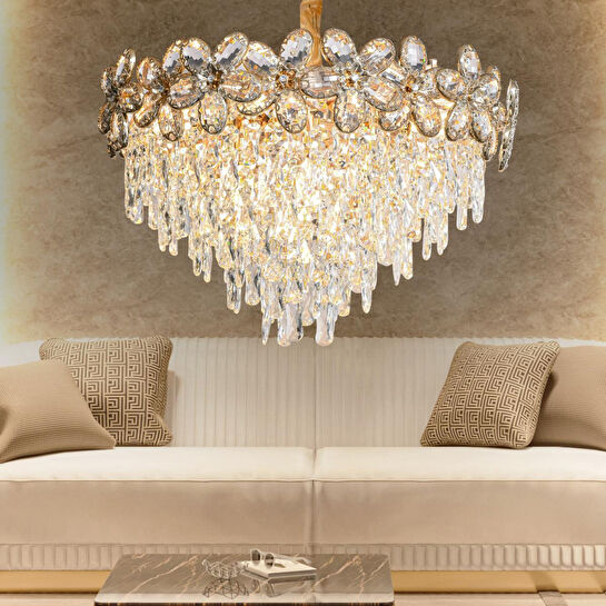 Apliqa Saral 80'lik Yuvarlak Gold Kristal Taşlı Modern Tasarım Salon Avize