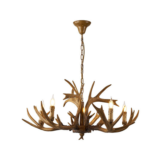 Apliqa Zoye Ahşap 5'li Geyik Boynuzu Desenli Modern Kafe Restoran. Salon Avize