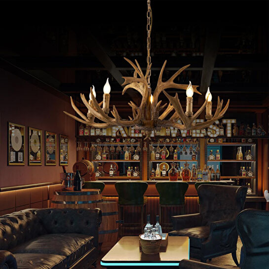 Apliqa Zoye Ahşap 5'li Geyik Boynuzu Desenli Modern Kafe Restoran. Salon Avize