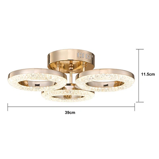 Apliqa Oylum 3'lü Gold 24 Watt Kristalli Koridor Salon Led Plafonyer Avize