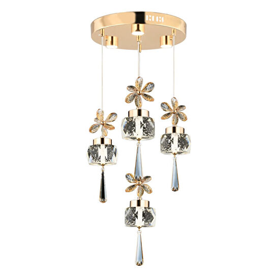 Apliqa Amaris 4'lü Yuvarlak 3 Renkli 52 Watt Gold Kelebek Led Avize Kristal Ledli Modern Oturma Odası Salon Sarkıt Avize
