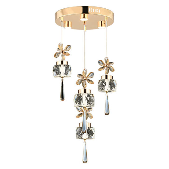 Apliqa Amaris 4'lü Yuvarlak 3 Renkli 52 Watt Gold Kelebek Led Avize Kristal Ledli Modern Oturma Odası Salon Sarkıt Avize