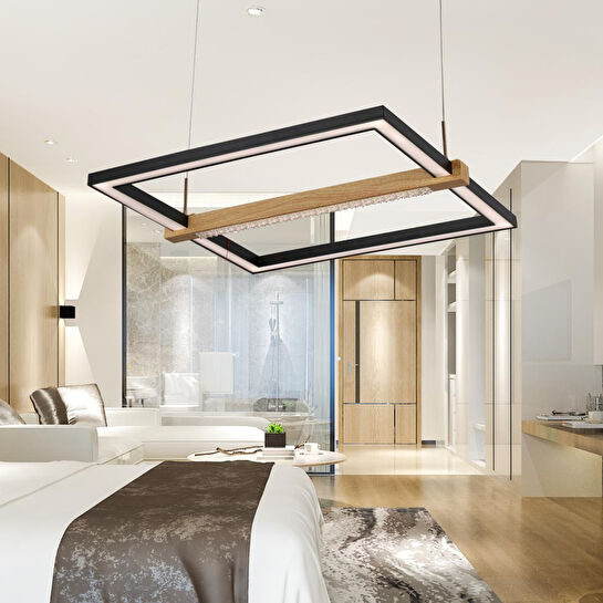 Apliqa April Siyah Kare 58 Watt Ahşap Desenli Modern Salon Led Sarkıt Avize