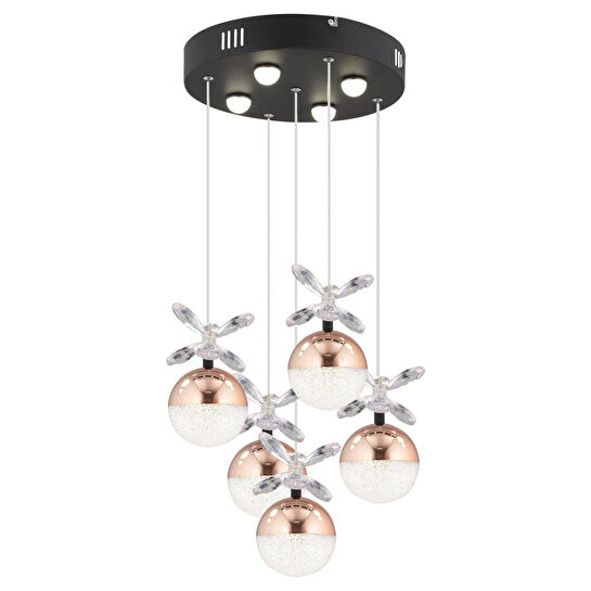 Apliqa Lokken 5'li Yuvarlak 42 Watt Bakır Kristal Ledli Modern Oturma Odası Salon Sarkıt Avize
