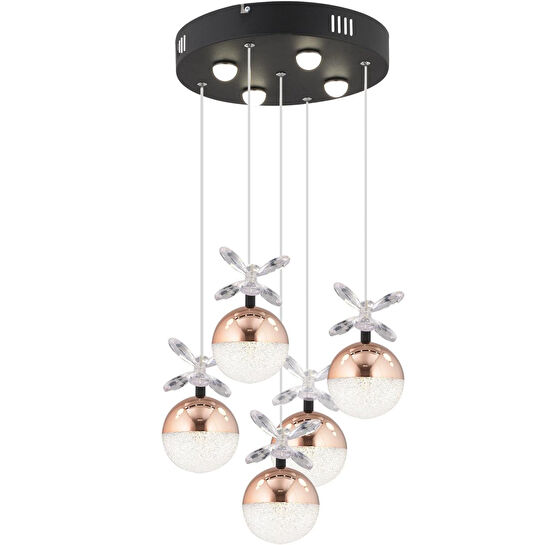 Apliqa Lokken 5'li Yuvarlak 42 Watt Bakır Kristal Ledli Modern Oturma Odası Salon Sarkıt Avize