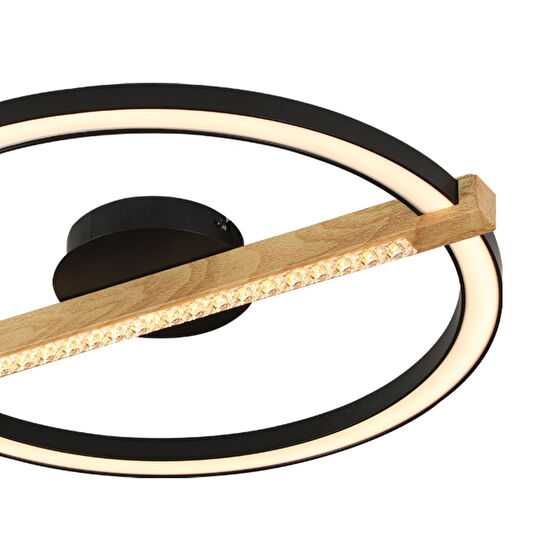Apliqa April Siyah Yuvarlak 58 Watt Plafonyer Ahşap Desenli Modern Salon Led Avize