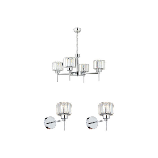 Apliqa Sadem 4 Lü Krom Kaplama 3 Parça Kristalli Taşlı Modern Tasarım Kristal Salon Avize-aplik Seti
