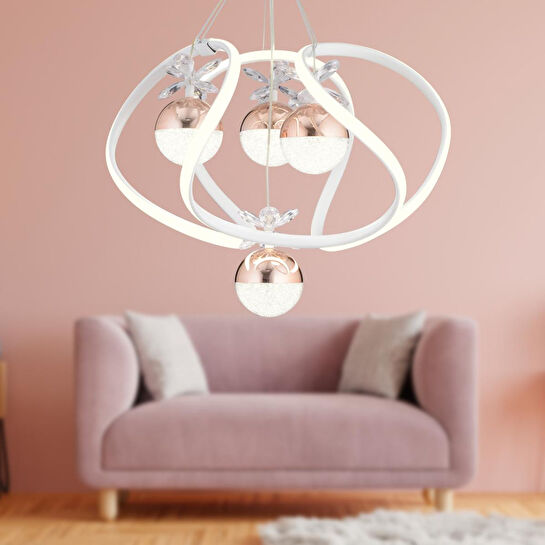 Apliqa Balca 4'lü Beyaz Bakır 3 Renkli 84 Watt Ledli Kelebek Led Avize Top Avize Modern Oturma Odası, Koridor, Salon Led Avize