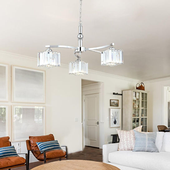 Apliqa Rima 3 Kollu Krom Kaplama Kristalli Taşlı Modern Tasarım Salon-yatak Odası Kristal Salon Avize