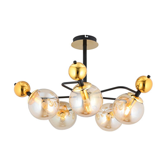 Apliqa Florit 5'li Siyah Gold Modern Oturma Odası Salon Avize