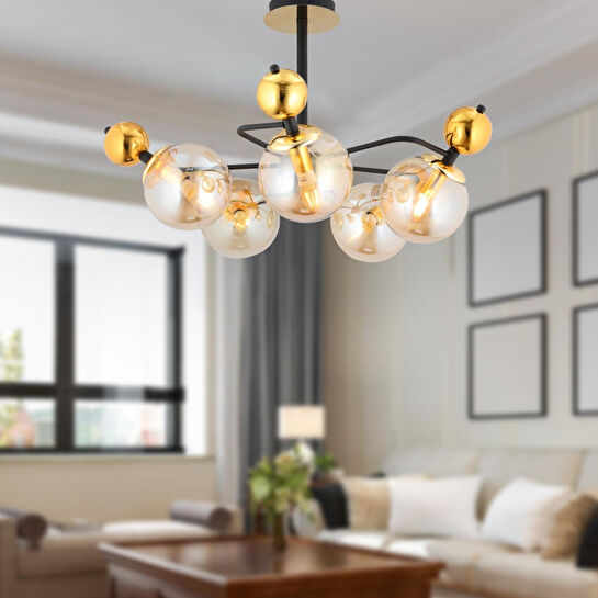 Apliqa Florit 5'li Siyah Gold Modern Oturma Odası Salon Avize