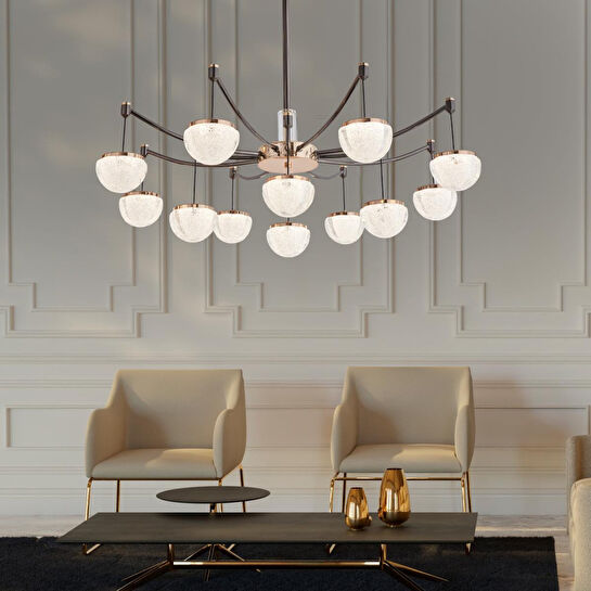 Apliqa Derem 12'li Siyah Gold 160 Watt Yuvarlak Kristal Taşlı Salon Led Sarkıt Avize
