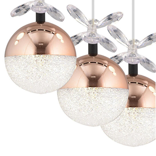 Apliqa Lokken 5'li Sıralı Bakır 42 Watt Kristal Ledli Modern Oturma Odası Salon Sarkıt Avize