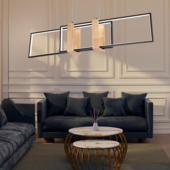 Apliqa Alena 69 Watt Siyah Dikdörtgen Ahşap Desenli Modern Salon Led Sarkıt Avize