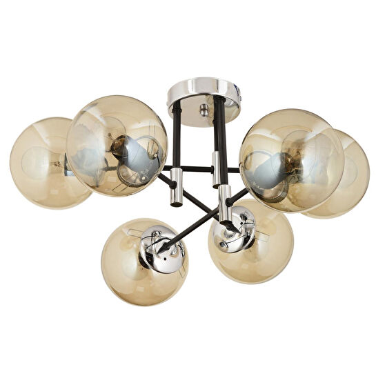 Apliqa Maral 6lı Siyah Krom Bal Camlı Modern Genç Odası Yatak Odası Retro Salon Avize